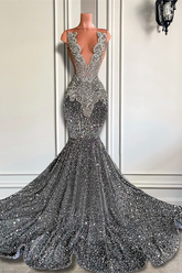 Classic Long Mermaid V-neck Sequins Lace Sleeveless Formal Prom Dresses